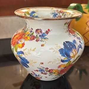 Mackenzie Childs Enamel Floral Vase with Gold Rim